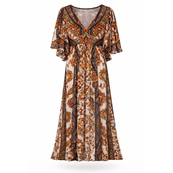 Free People Dresses & Skirts - Free People Boho Paisley Floral Maxi Dress Orange Black White Butterfly Sleeve 2